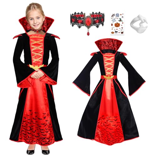 Angenster Vampir Kostüm Mädchen, Halloween Kostüm Mädchen Vampir Kostüm Kinder Gothic Kleid mit Vampir Zähne Halskette Aufkleber, Royal Vampir Outfit Hexenkostüm für Halloween Karneval (Rot, 8-10Y) von Angenster