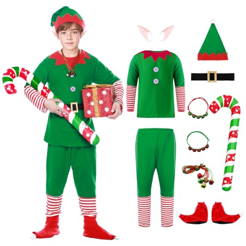 Angenster Weihnachtself Kostüm Set, 14 Stück Weihnachtskostüm Elfen Kostüm Wichtel Kostüm Weihnachts Outfits mit Hut Gürtel Ear Krücken Armband Halskette, Weihnachts Kostüm für Familie (Junge, 150) von Angenster