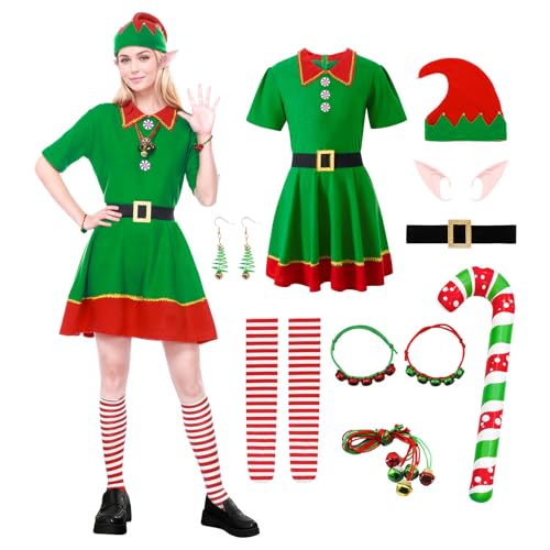 Angenster Weihnachtself Kostüm Set, 14 Stück Weihnachtskostüm Elfen Kostüm Wichtel Kostüm Weihnachts Outfits mit Hut Gürtel Ear Krücken Armband Halskette, Weihnachts Kostüm für Familie (Damen, M) von Angenster