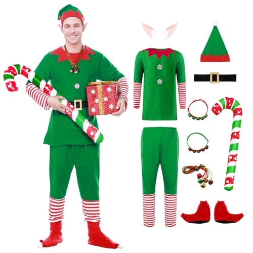 Angenster Weihnachtself Kostüm Set, 14 Stück Weihnachtskostüm Elfen Kostüm Wichtel Kostüm Weihnachts Outfits mit Hut Gürtel Ear Krücken Armband Halskette, Weihnachts Kostüm für Familie (Herren, L) von Angenster