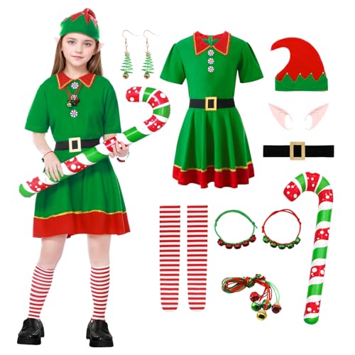 Angenster Weihnachtself Kostüm Set, 14 Stück Weihnachtskostüm Elfen Kostüm Wichtel Kostüm Weihnachts Outfits mit Hut Gürtel Ear Krücken Armband Halskette, Weihnachts Kostüm für Familie (Mädchen, 140) von Angenster