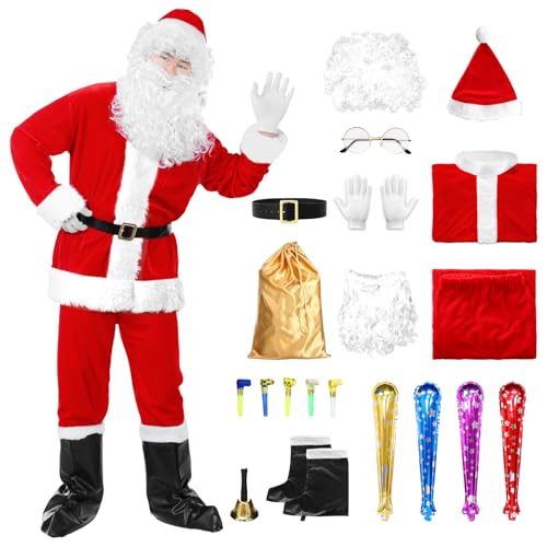 Angenster Weihnachtsmann Kostüm, Nikolaus Kostüm Weihnachtskostüm Herren mit Mütze Perücke Bart Brille Glocke Gürtel Handschuhe Schuhüberzüge Tasche Stab Blowing Dragon, Nikolauskostüm (2024, L) von Angenster