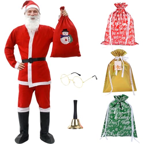 Angenster Weihnachtsmann Kostüm Set, 12 Teiliges Nikolaus Kostüm Weihnachtsmann Cosplay mit Mütze Oberteil Hose Bart Gürtel Stiefel Gläser Geschenktüte, Santa Claus Costume für Mottoparty (Stil B, F) von Angenster