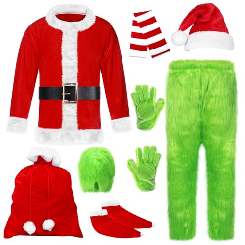 Angenster Weihnachtsmann-Kostüm-Set, Weihnachtskostüm für Erwachsene, Weihnachtsmann-Cosplay, grünes Monster-Kostüm mit Mütze, Masken, Oberteil, Schal, pelzige Hose, Handschuhe, Xmas Fancy Dress von Angenster