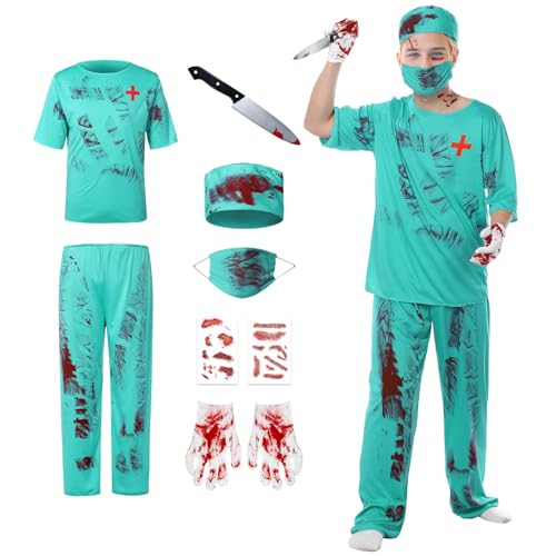 Angenster Zombie Arzt Kostüm für Herren, Halloween Kostüm Herren Chirurg Kostüm mit Oberteil Hose Hut Handschuhe TattooSpielzeugmesser, Arzt Kostüm Halloween Outfits für Erwachsene (Grün, M) von Angenster