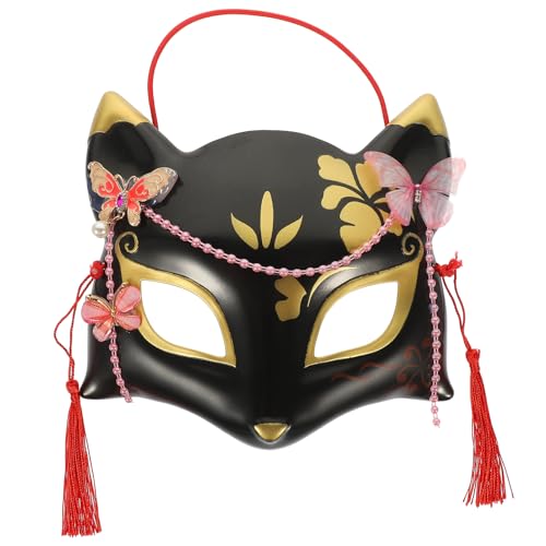 Angoily Japanische Kitsune-Fuchsmaske Halbtier-Fuchs-Cosplay-Katze Japanisches Traditionelles Cosplay-Kabuki-Kostümzubehör Für Halloween-Maskenballparty Schwarz von Angoily