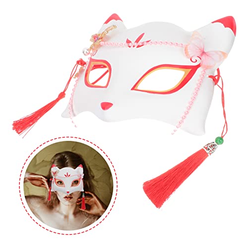 Angoily Japanische Kitsune-Fuchsmaske Halbtier-Fuchs-Cosplay-Katze Japanisches Traditionelles Cosplay-Kabuki-Kostümzubehör Für Halloween-Maskenballparty Weiß von Angoily