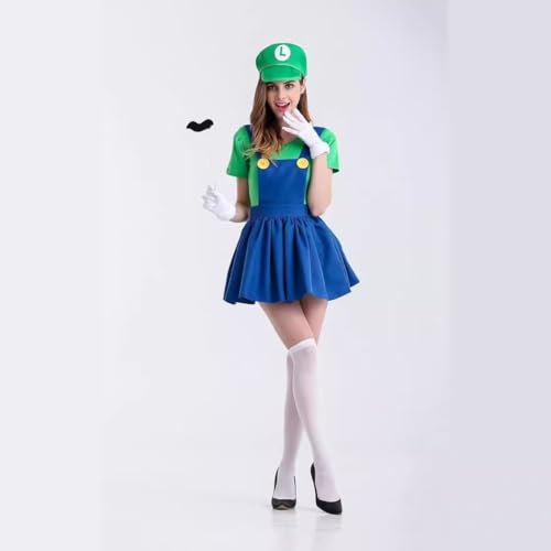 Aniepaa Mario Kostüm Kinder, Luigi Kostüm Kinder, Faschingskostüme Kinder, Karneval Kostüm Herren Cosplay Mario Kostüm mit Luigi Mütze und Schnurrbart für Herren Damen Jungen Mädchen (Grün, L) von Aniepaa