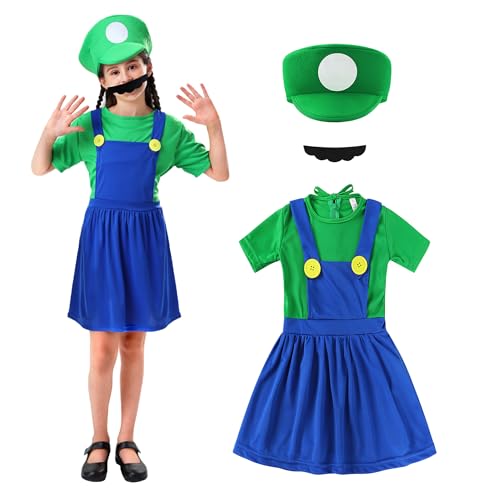 Aniepaa Mario Kostüm Kinder, Luigi Kostüm Kinder, Faschingskostüme Kinder, Karneval Kostüm Herren Cosplay Mario Kostüm mit Luigi Mütze und Schnurrbart für Herren Damen Jungen Mädchen (Grün, M) von Aniepaa