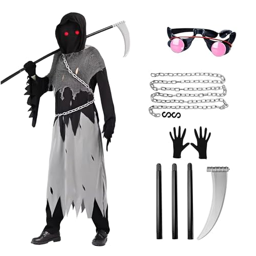 Aniepaa Sensenmann Kostüm Kinder, Halloween Kostüm Kinder, Schwarz Scream Kostüm mit Inklusive Sichel, Handschuhen, Brillenglas, Umhang mit Kapuze und Metallkette für Halloween Party, Cosplay (L) von Aniepaa