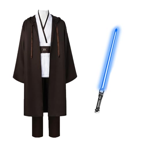 Aniepaa Jedi Kostüm Herren, Halloween Kostüm Herren, Jedi Robe mit Blau Lightsaber, Jedi Robe Umhang Kapuze Mittelalterlich Hoodies Halloween Karneval Cosplay Set für Erwachsene (L) von Aniepaa