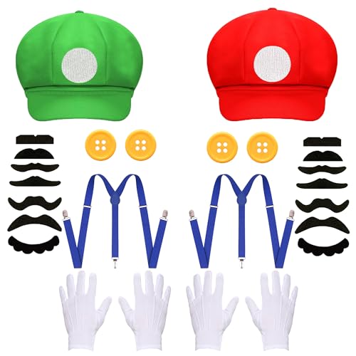 Aniepaa Mario Kostüm Kinder, Faschingskostüme Kinder, Karneval Kostüm Herren Luigi Mütze, Luigi Kostüm Kinder Schnurrbärte Handschuhe Knöpfe Accessorie für Karneval Cosplay von Aniepaa