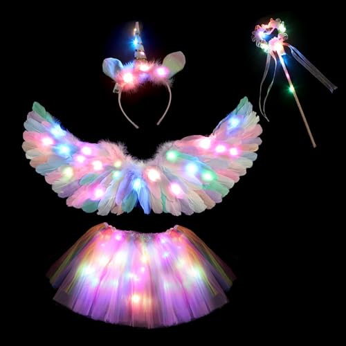 Einhorn Kostüm Mädchen, Faschingskostüme Kinder, LED Kostüm mit Federflügel Einhorn Haarreif Zauberstab Tutu Tüllrock für Karneval Cosplay Geburtstag Party Fasching, Einhorn Geschenke für Mädchen von Aniepaa