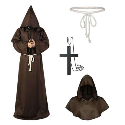 Mönch Kostüm Herren mit Kapuze Kreu, Halloween Kostüm Herren, Priester Kostüm Herren, Herren Cosplay Kapuzen Robe Gewand Mönchskutte Kostüm für Halloween, Mittelalterliche, Renaissance (Braun, L) von Aniepaa