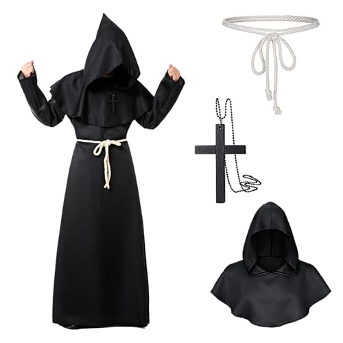 Mönch Kostüm Herren mit Kapuze Kreu, Halloween Kostüm Herren, Priester Kostüm Herren, Herren Cosplay Kapuzen Robe Gewand Mönchskutte Kostüm für Halloween, Mittelalterliche, Renaissance (Schwarz, L) von Aniepaa