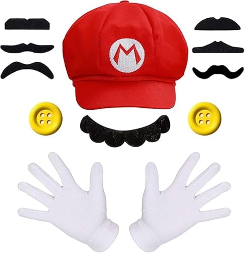 Aniepaa Super Mario Kostüm Kinder, Faschingskostüme Kinder, Karneval Kostüm Herren Luigi Mütze, Luigi Kostüm Kinder Schnurrbärte Handschuhe Knöpfe Accessorie für Karneval Cosplay von Aniepaa