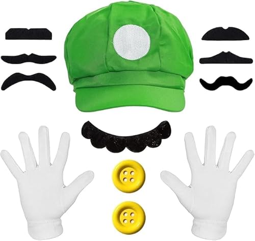 Aniepaa Super Mario Kostüm Kinder, Luigi Kostüm Kinder, Faschingskostüme Kinder, Karneval Kostüm Herren Cosplay Super Mario Kostüm mit Luigi Mütze und Schnurrbart für Herren Damen Jungen Mädchen von Aniepaa