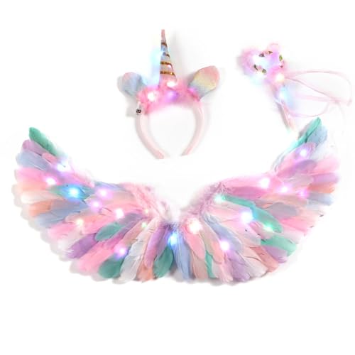 Halloween Kostüm Kinder, Einhorn Kostüm, LED Kostüm mit Federflügel Einhorn Haarreif Zauberstab Tutu Tüllrock für Halloween Karneval Cosplay Geburtstag Party Fasching, Einhorn Geschenke für Mädchen von Aniepaa