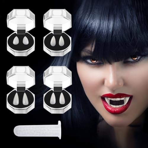 Aniepaa 5 Stücke Vampir Zähne Kit, Dracula Vampire Fangs 4 Größen Halloween Zähne mit 1 Rohr Zähne Pellets Klebstoff für Karneval Halloween Vampir Zubehör Cosplay Party Requisiten von Aniepaa