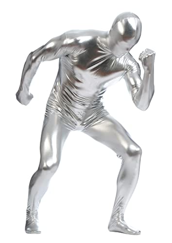 Aniler Unisex Metallic Glänzender Reißverschluss Zentai Stretchy Kostüm Cosplay Ganzkörper (X-Large, Silber) von Aniler