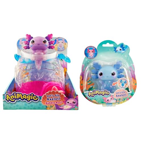 Animagic - Set 1 Lila Axolotl-Aquarium + 1 Blauer Axolotl - Elektronisches & Leuchtendes Haustier - für Kinder ab 4 Jahren - Dehnbarer Körper - Aquarium zum Transport der Axolotls von Animagic