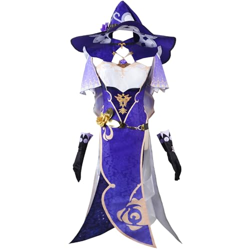 Animationart Game Genshin Impact Halloween-Outfits Lisa Cosplay Kostüm Kleid Hut Sets Halloween Party (Lila, XL) von Animationart