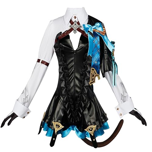 Animationart Lynette Cosplay Genshin Impact Kostüm Fontaine Lyney Leder Uniform Kleid Outfit Schwanz Party (XS, Schwarz) von Animationart