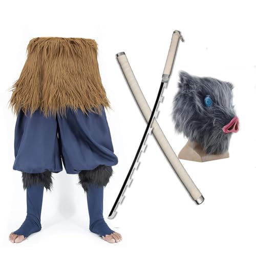 Anjinguang Anime Hashibira Inosuke Cosplay Kostüm Inosuke Outfit Wildschweinkopf Schwert Hose Full Comic Charakter Uniform für Fasching Party Halloween Rollenspiel von Anjinguang