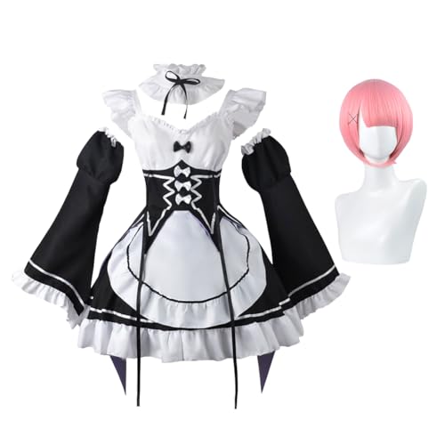 Anjinguang Anime Re:0 Rem Ram Maid Cosplay Kostüm Halloween Party Outfits Anime Ausstellung Lolita Kleid Uniform für Frauen Mädchen von Anjinguang