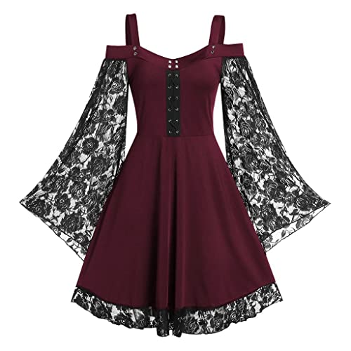 Anjinguang Damen Mittelalter Kostüm Kleid Cosplay Kleid Renaissance Vintage Kleid Spitze Patchwork Flare Ärmel Kleid Weihnachten Halloween Kostüm von Anjinguang