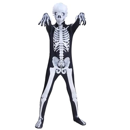 Anjinguang Skelett Halloween Kostüm für Kinder Erwachsene Skelett Grau Zombie Jumpsuit Onesie Scary Skull Bone Catsuit Bodysuit Mardi Gras Ostern Dress up Outfit von Anjinguang