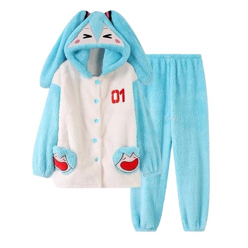 Miku Schlafanzug Miku Cosplay Pyjama Nachtwäsche Uni Winter Langarm Verdickte Kapuze Pyjama Hose Leichte Plüsch Nachtwäsche Warm Geschenk Anime Kleidung Weihnachten Party von Anjinguang