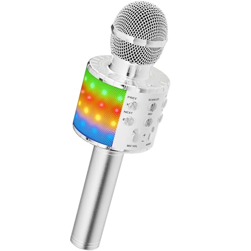 Magic Sing LED Karaoke Mikrofon Kinder, Drahtloses Bluetooth Spielzeug ab 3-12 Jahre Geschenk Mädchen KTV Lautsprecher mit Stimmenverzerrer, Heim KTV Karaoke Maschine für Android, iOS, PC(Silber) von Ankuka