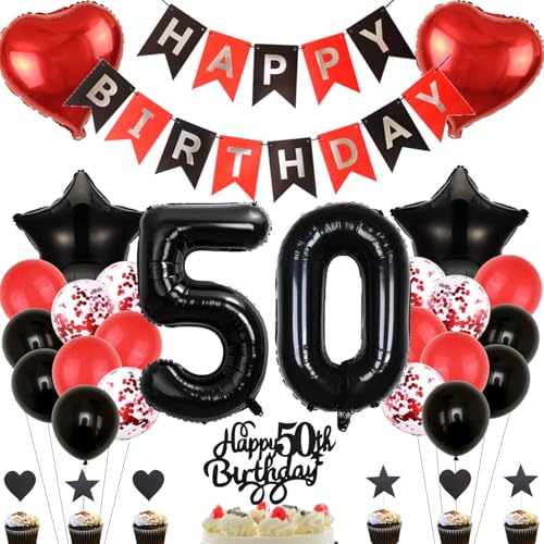 Anlgdi Deko 50. Geburtstag Frau, Tortendeko Geburtstag 50 Jahre Frauen, Rot Schwarz Geburtstagsdeko 50 Jahr Frau, Ballon 50 Geburtstag Mann, Folienballon 50 Geburtstag Männer Frauen Dekoration von Anlgdi