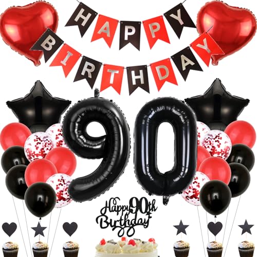 Anlgdi Deko 90. Geburtstag Frau, Tortendeko Geburtstag 90 Jahre Frauen, Rot Schwarz Geburtstagsdeko 90 Jahr Frau, Ballon 90 Geburtstag Mann, Folienballon 90 Geburtstag Männer Frauen Dekoration von Anlgdi