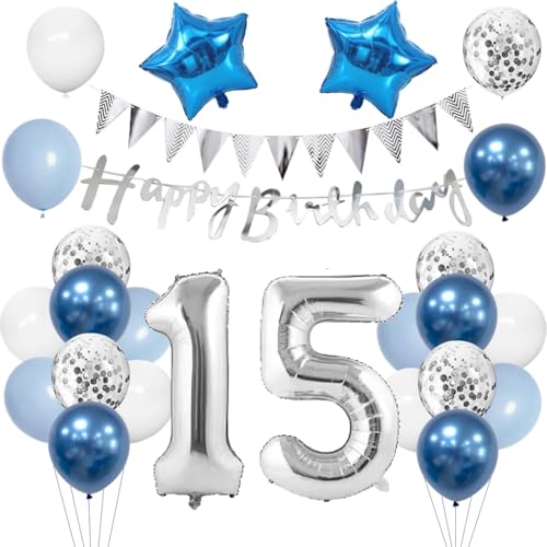 Anlgdi Geburtstagsdeko 15 Jahr Junge, Luftballon 15. Geburtstag Deko, Blau Deko 15. Geburtstag Mädchen, Folienballon 15 Geburtstag Junge Dekoration, Happy Birthday Banner Deko 15 Geburtstag Junge von Anlgdi