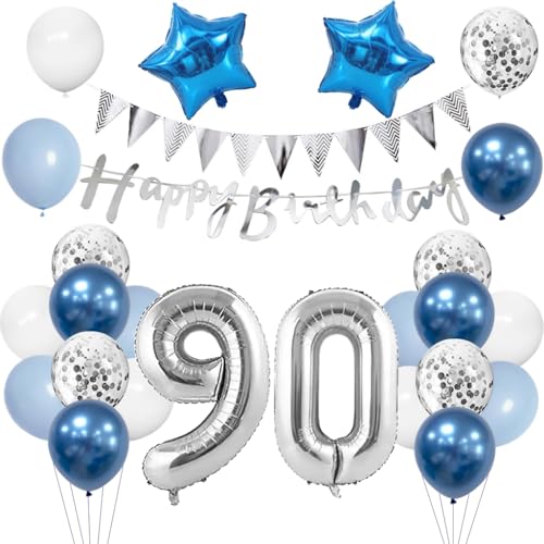 Anlgdi Geburtstagsdeko 90 Jahr Mann, Luftballon 90. Geburtstag Männer Deko, Blau Tortendeko Geburtstag 90 Jahre Männer , Deko 90. Geburtstag Männer Frauen, Folienballon 90 Geburtstag Männer Dekoration von Anlgdi