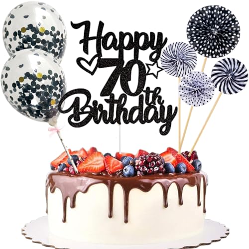 Anlgdi Tortendeko 70. Geburtstag Mann Frau, Kuchen Topper Happy 70th Birthday Schwarz, Glitzer Cake Topper 70. Geburtstag Ballons Konfetti Papierfächer für Geburtstagstorte Deko 70 Jahre Frauen Männer von Anlgdi