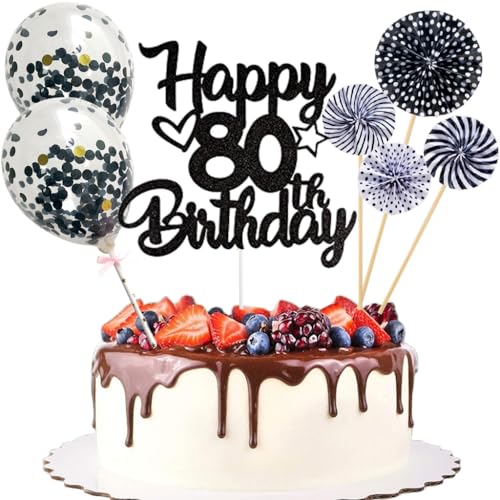 Anlgdi Tortendeko 80. Geburtstag Mann Frau, Kuchen Topper Happy 80th Birthday Schwarz, Glitzer Cake Topper 80. Geburtstag Ballons Konfetti Papierfächer für Geburtstagstorte Deko 80 Jahre Frauen Männer von Anlgdi