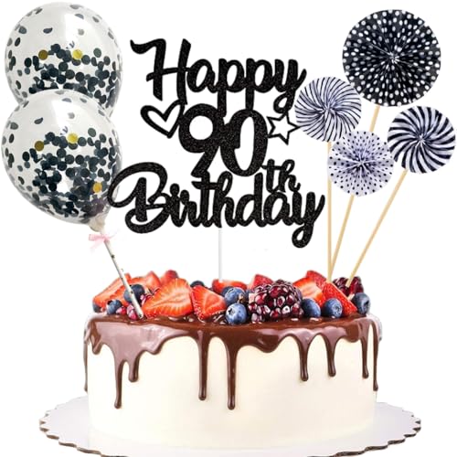 Anlgdi Tortendeko 90. Geburtstag Mann Frau, Kuchen Topper Happy 90th Birthday Schwarz, Glitzer Cake Topper 90. Geburtstag Ballons Konfetti Papierfächer für Geburtstagstorte Deko 90 Jahre Frauen Männer von Anlgdi