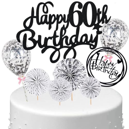 Anlgdi Tortendeko 60 Geburtstag Frauen Männer, Kuchen Topper 60. Geburtstag Frau, Cake Topper Happy 60th Birthday Schwarz Silber, Kuchen Deko 60. Deko für Geburstagstorte Deko 60 Jahre Frau Mann von Anlgdi