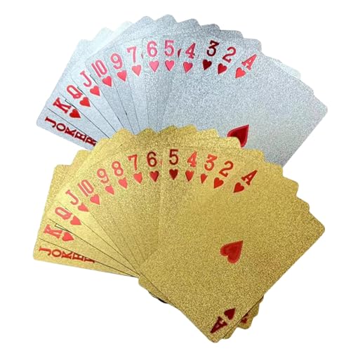 2 SET Spielkarten Pokerkarten Skatkarten - Gold Pokerkarten Spielkarten Aus PVC Kunststoff-Karten Poker Plastik Deck Wasserdicht Goldene Folie - Kinder & Erwachsene Familienparty Spiel Playing Cards von Anloximt