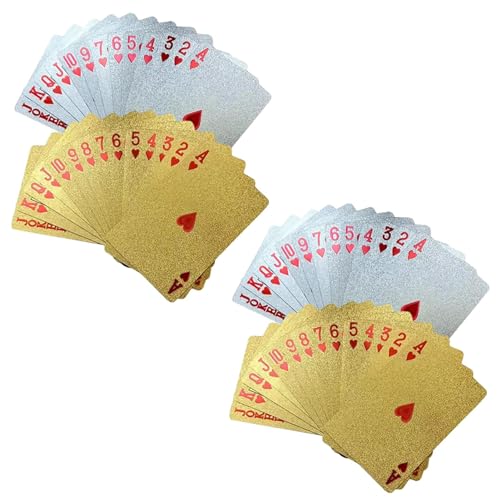 4 SET Spielkarten Pokerkarten Skatkarten - Gold Pokerkarten Spielkarten Aus PVC Kunststoff-Karten Poker Plastik Deck Wasserdicht Goldene Folie - Kinder & Erwachsene Familienparty Spiel Playing Cards von Anloximt