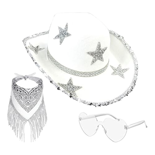 Anloximt Glitzernde Cowgirl-Mütze, Strass-Cowgirl-Mütze | 3X Strass-Stern-Quasten-Bandana,Cosplay-Zubehör-Set, glitzernder Cowgirl-Hut für Disco-Partys, Western-Hochzeits-Cosplay von Anloximt