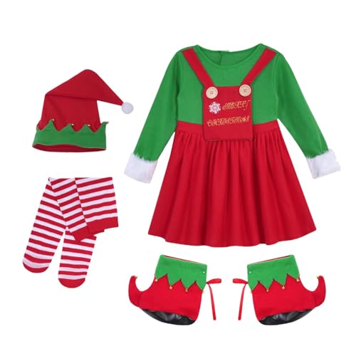 Anloximt Kinder-Elfen-Kostüm, Elfen-Outfit für Kinder, Elfenkostüm Weihnachtsoutfit Cosplay Kleidung mit Hutsocken, Bequemes Elfen-Kostüm-Kleid-Set. Elfen-Anzieh-Outfit für Versammlungen und Partys von Anloximt