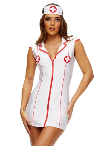 Ann Summers Krankenhaus Hottie Krankenschwester Kostüm Krankenschwester Outfit Verkleidung mit Stirnband Krankenschwester Kostüm Damen Halloween Kleid mit durchgehendem Reißverschluss & rotem Rand - von Ann Summers