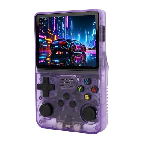 Retro Handspielkonsole, Retro Konsole mit 3,5 Zoll IPS Bildschirm, 3000 mAh Akku, Zwei 3D Joysticks, DualSystem, Taschenkonsole für Linux System, Transparent Lila (128G) von Annadue