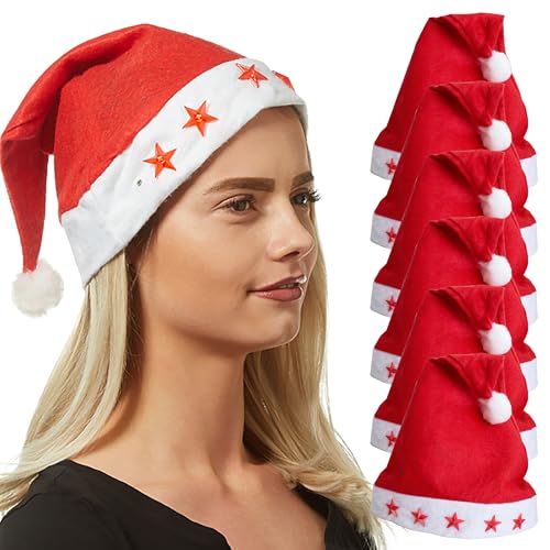 Annastore 6 x Weihnachtsmütze mit blinkenden Sternen Nikolausmütze leuchtend mit verschiedenen Leucht-Modis - Blinkende Nikolausmütze von Annastore