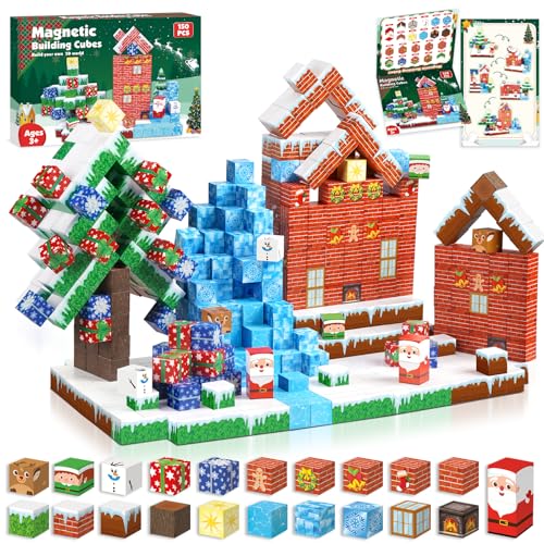 Annexfun Magnetische Bausteine 150 Stück Magnetic Building Blocks Bauen Weihnachtlich geschmückte Winterdorf und Lebkuchenhaus Weihnachten Steht vor der Tür Spielzeug ab 4 5 6 7 8 9 10 Jungen von Annexfun