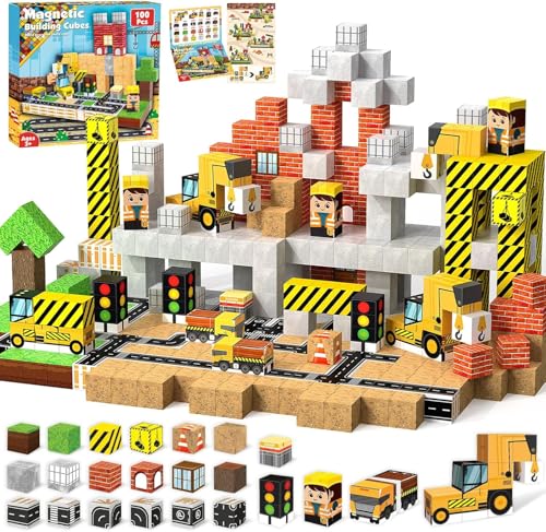 Annexfun Magnetische Bausteine Magnetische Bauwelt Straßenaufsatz Set Stadt mit Baufahrzeuge Magnetic Building Blocks Bagger Spielzeug ab 6 Jahren Baustellenfahrzeuge Kinder konstruktionsspielzeug von Annexfun